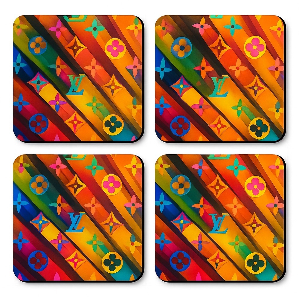 Louis Vuitton LV Logo Colorful Fashion Coasters Set - Set of 4 Glossy Coasters